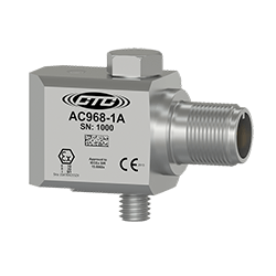 A stainless steel, side exit AC968 condition monitoring sensor engraved with the CTC logo, part number, serial number, and hazardous area rating logos.